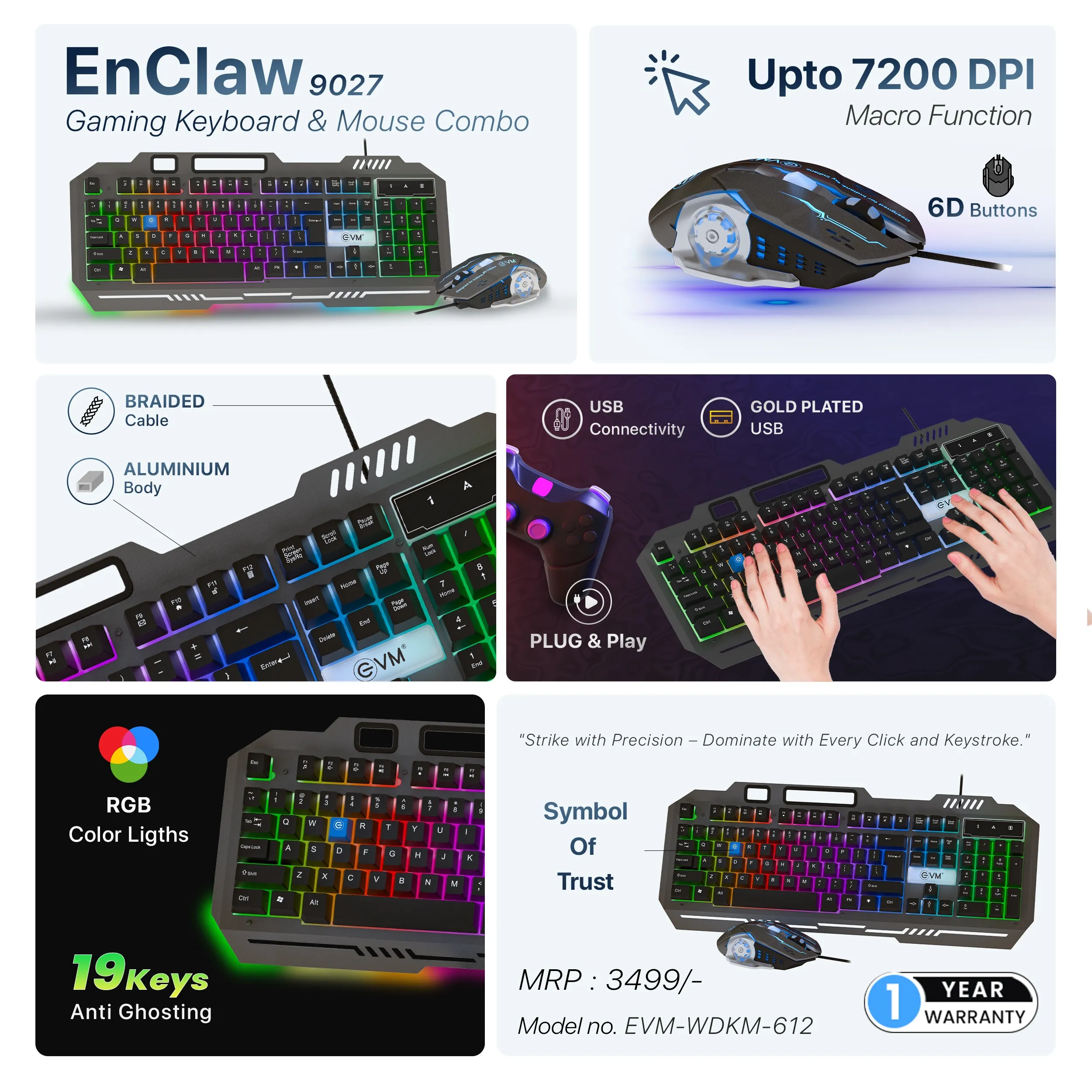 EVM Gaming Keyboard Mouse Combo Usb EnClaw 9027 (WDKM-612) Black Grey view 5
